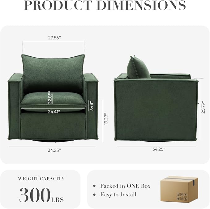 COLAMY Swivel Accent Chair, 34 Inches Wide Upholstered Arm Chair with Plump Back Pillow, Modern Sofa Living Room Chair for Bedroom, Corner, Reading Nook-Green