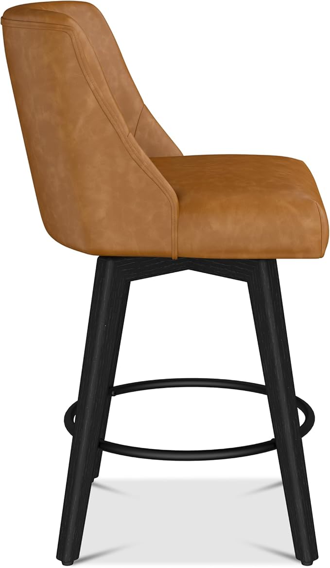 Counter Height Bar Stools Set of 2, Modern Swivel Barstools with Back and Wood Legs, Faux Leather Upholstered Counter Height Stools, 26" H Kitchen Island Stools, Home Bar, Whisky Brown