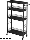 YBING Slim Storage Cart Kitchen Rolling Utility Cart on Wheels 4 Tier Mobile Narrow Cart with Wood and Metal Handle Slide Out Storage Shelving Unit Cart for Kitchen Living Room Small Places Black