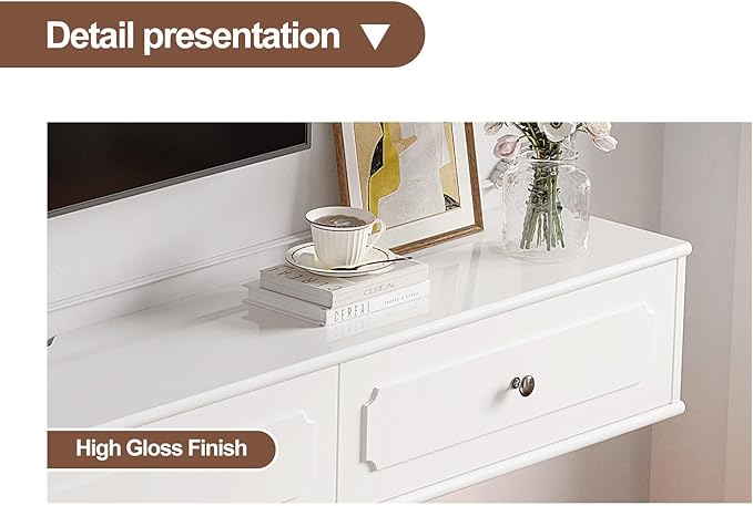 Retro Floating TV Console with 3 Doors,55'' High Gloss Floating TV Stand,Wall Mounted TV Cabinet,Contemporary Floating Media Console for Under TV Storage,Living Room,Bedroom(White)