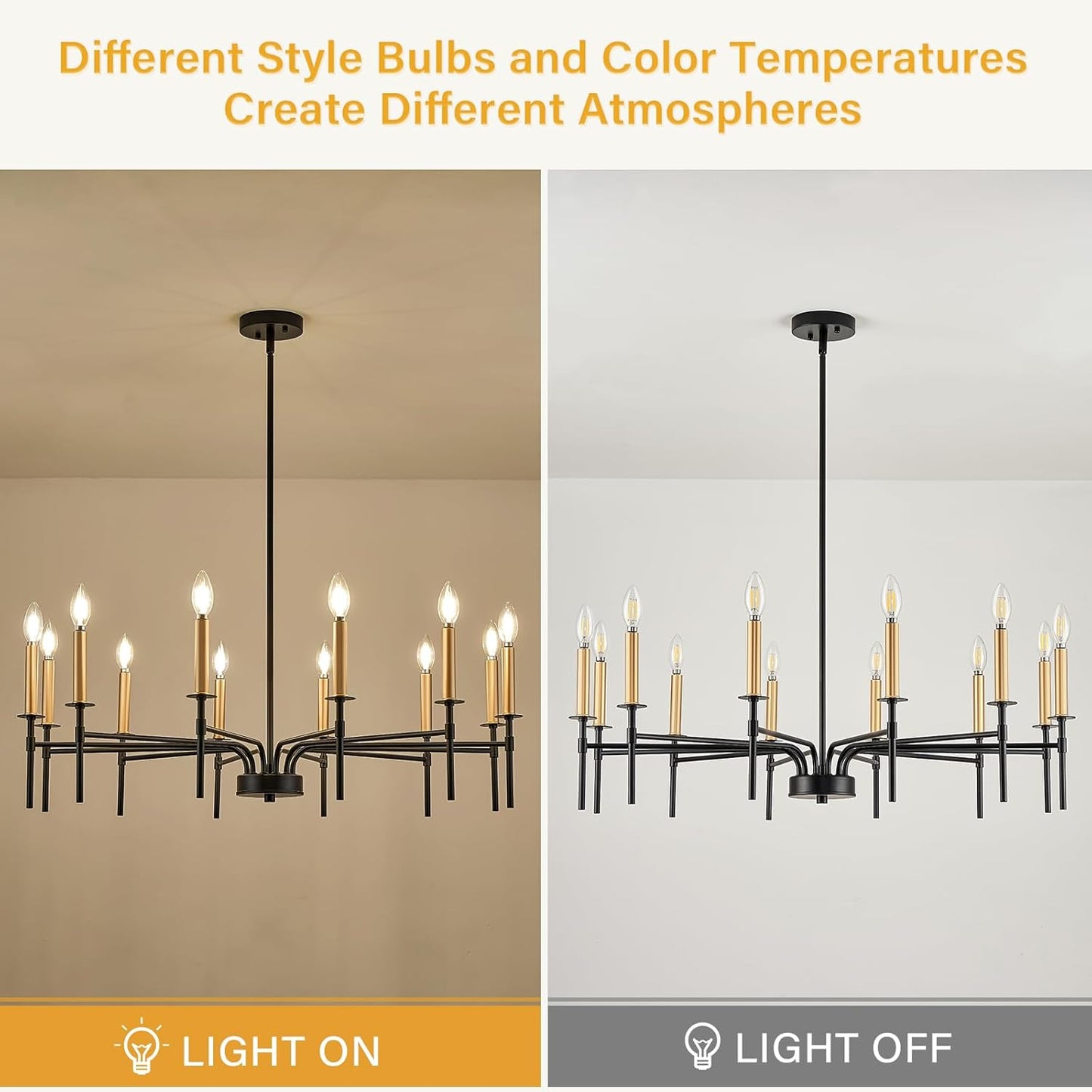 12 Light Modern Farmhouse Black and Gold Chandeliers for Dining Room Light Fixture, Metal Candle Chandelier Lighting Fixtures for Living Room Stair Foyer Entryway Bedroom Kitchen