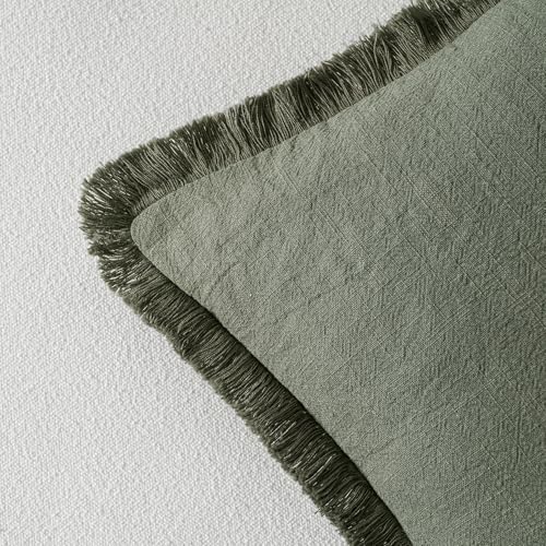 MIULEE Linen Fringe Decorative Throw Pillow Covers Light Olive Green 18x18 - Image 3