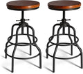 LOKKHAN Vintage Industrial Barstools - 13.8" Dia Round Wooden Brown Seat - Black Metal Base - Adjustable Height: 23.6"-29.5" / Minimalist Design/Raw Rustic Look/Rotating Top Bar Chairs, Set of 2