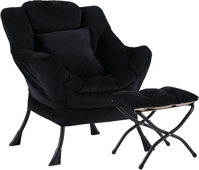 Lazy Chair with Ottoman, Comfy Reading Lounge Chair with Footstool & Throw Pillow Modern with Armrests & Side Pocket for Living Room, Bedroom, Dorm Room, Velvet Black