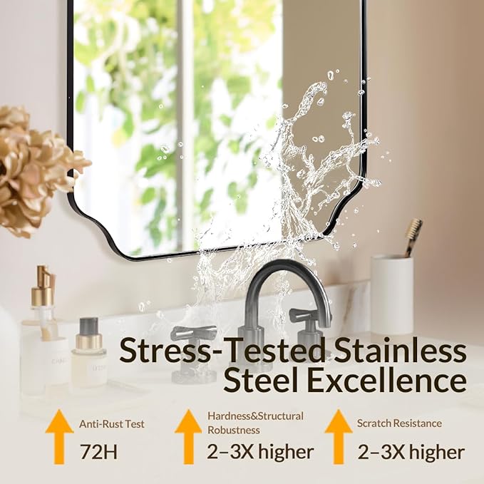 Black Wall Mirror, 24"x36" Black Scalloped Mirror, Unique Curved Edge Design, Anti-Rust SUS304 Frame, Hangs Vertical or Horizontal