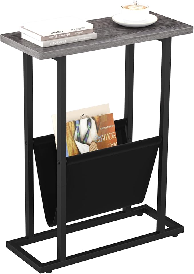 Yusong Narrow Side Table for Small Spaces, Small End Table with Magazine Holder, Skinny Slim Little Thin Table for Living Room, Bedroom, Sofa, Grey Oak