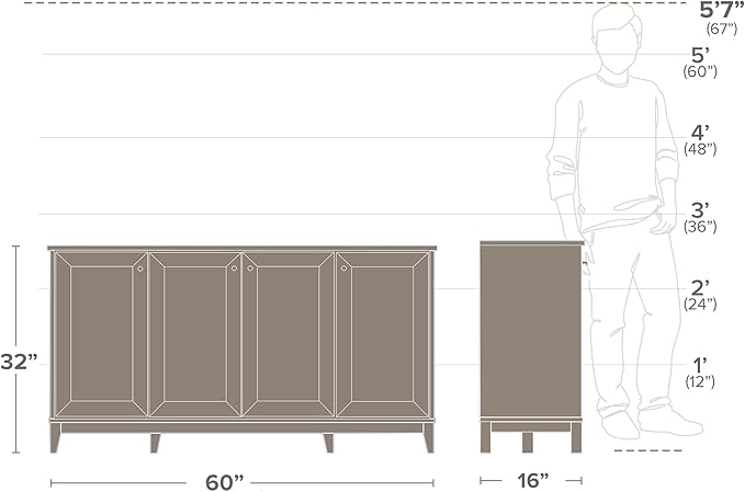 Prepac Yaletown 4 Panel Door Console Table with Storage, White Storage Cabinet with Doors and Shelves, Sideboard Storage Cabinet 60" W x 32" H x 16" D, WCBG-2220-1