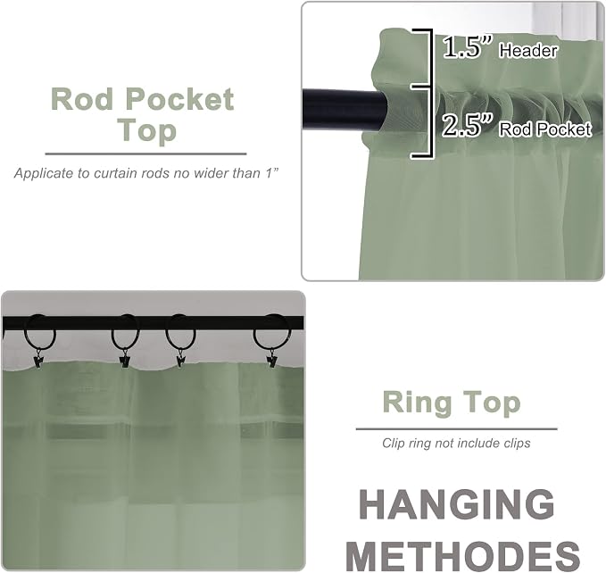 OWENIE Sage Green Sheer Curtain 90 Inches Long 2 Panels Set, Solid Filmy Drapes - Image 4