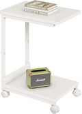 Side Table,C Table with 2-Tier Storage Shelf, End Table TV Tray with Metal Frame, Sofa Table with Wheels for Living Room, Bedroom, Office, Bathroom, Easy Assembly, White