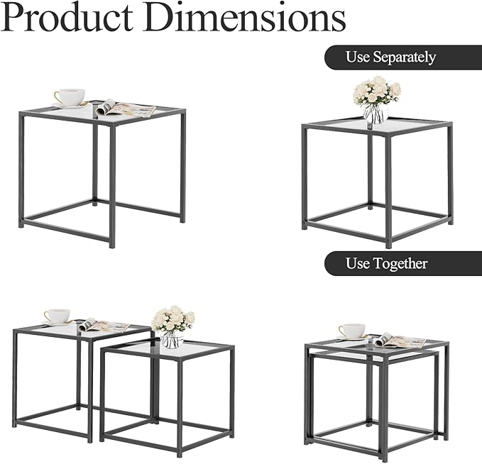 Garden 4 you Coffee Table Set of 2, Modern Glass Nesting Table, Metal Frame Square Center Table Set, Side Tables, Nesting Coffee Table for Living Room, Bedroom and Small Spaces, 19.7in Grey