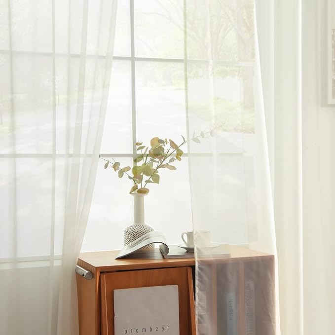youleyar Solid Sheer Rod Pocket Curtain Voile Draperies 2 Panels White Beige - Image 4