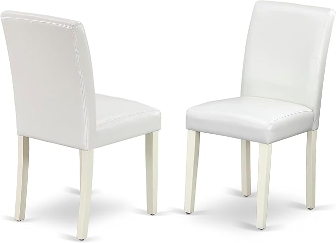 East West Furniture DLAB5-LWH-64 5 Piece Kitchen Table & Chairs Set Includes a Round Dining Room Table with Dropleaf and 4 White Faux Leather Parsons Dining Chairs, 42x42 Inch, Linen White