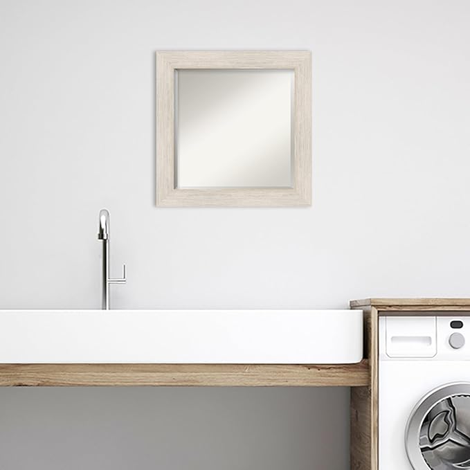 Amanti Art White Bathroom Mirror for Over Sink, 25x25 Hardwood White Wash Square Vanity Mirror, Medium Country Rustic Wood Frame, Hangs Horizonally and Vertically, Bathroom Wall Decor, Beveled Edge