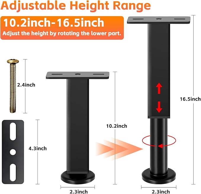 2PCS Adjustable Height Bed Support Legs, 10.2-16.5In, Metal Heavy Furniture Legs with Rubber Non-Slip for Sofa/Cabinet/Couch/Dresser/Table, Furniture Feet Replacement for King Queen Bed Frame Slat