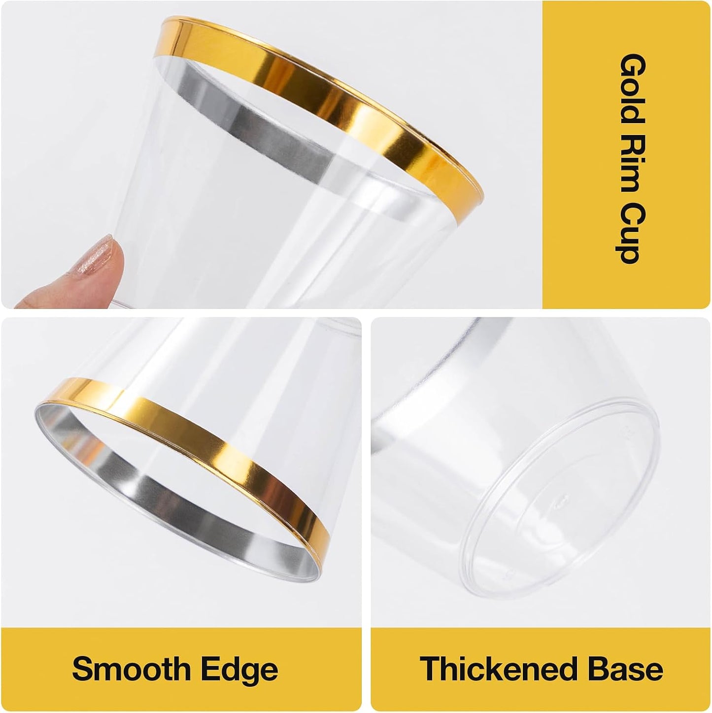 Goodluck 50PCS 9oz Gold Disposable Cups, Plastic Cups with Gold Rim, Cocktail Cups for Wedding, Party and Birthday