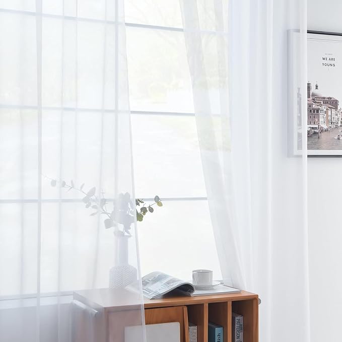 youleyar Solid Sheer Rod Pocket Curtain Voile Draperies 2 Panels White Beige - Image 5