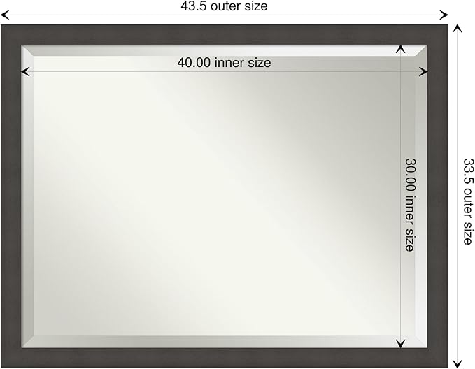 Amanti Art Silver Bathroom Mirror for Over Sink, 34x44 Blaine Light Pewter Narrow Rectangle Vanity Mirror, X-Large Modern Contemporary Frame, Hangs Horizonally and Vertically, Bathroom Wall Decor