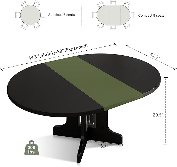 Feonase 59" Round Extendable Dining Room Table for 4-6, Modern Oval Kitchen Table with Heavy Duty Wood Base, Metal Frame Support, for Kitchen Dining Living Room, Easy Assembly, Black