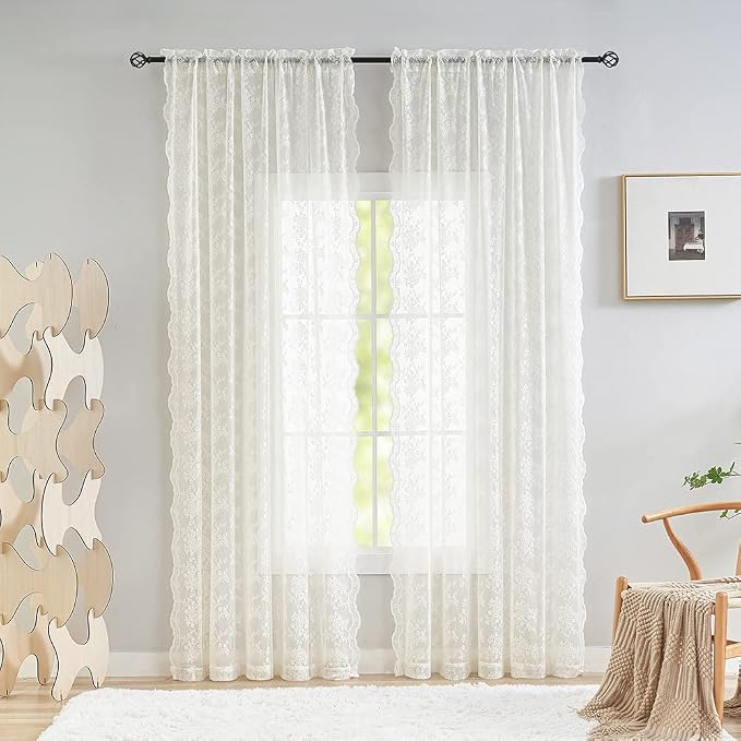 YJ YANJUN Vintage Lace Curtains 72 Inches Long- Antique Flowers Ivory Sheer - Image 2