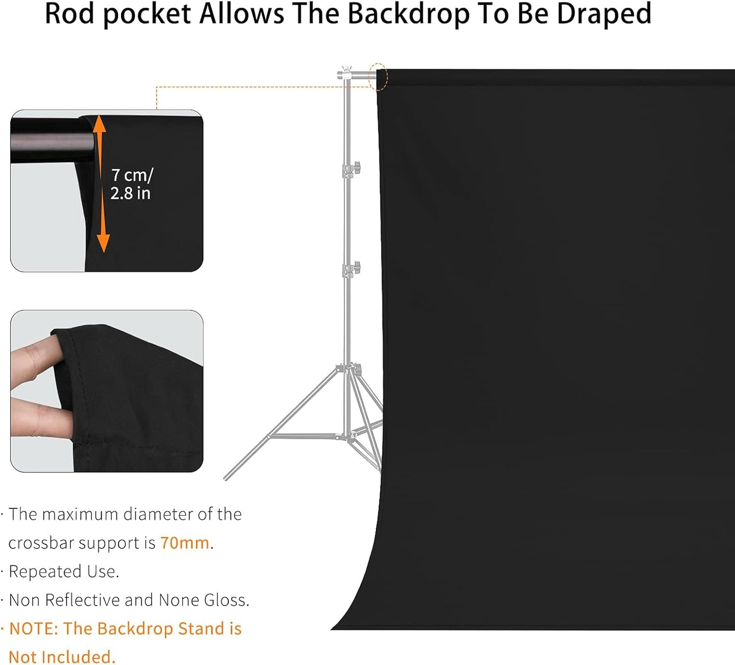 7X10 FT Black Backdrop, 100% Polyester Photography Background Curtain Screen, Foldable Washable Black Screen for Professional Photoshoot Portraits Party Video Studio