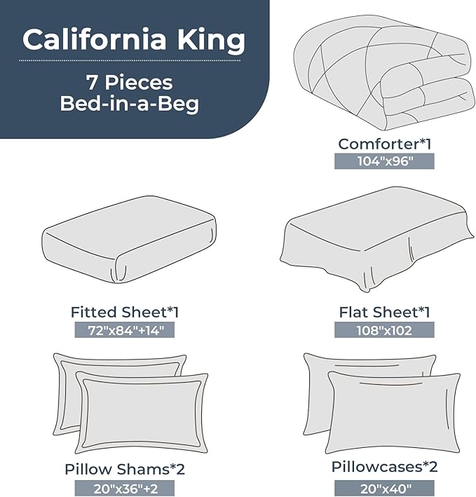HEVUMYI Cali-King Comforter Set - 7-Piece All Season Bed in a Bag Cali-King, Ultra Soft Bedding Set with Comforter, Flat Sheet, Fitted Sheet, Pillowcases, Pillow Shams, Black & Light Grey
