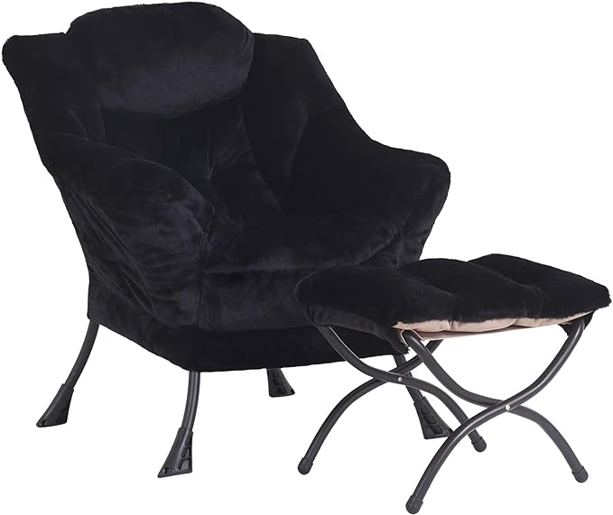 LITA Lazy Chair with Ottoman, Modern Accent Leisure Upholstered Sofa Chair, Lounge Reading Chair with Armrests and a Side Pocket for Living Room, Bedroom & Small Space, Plush Black