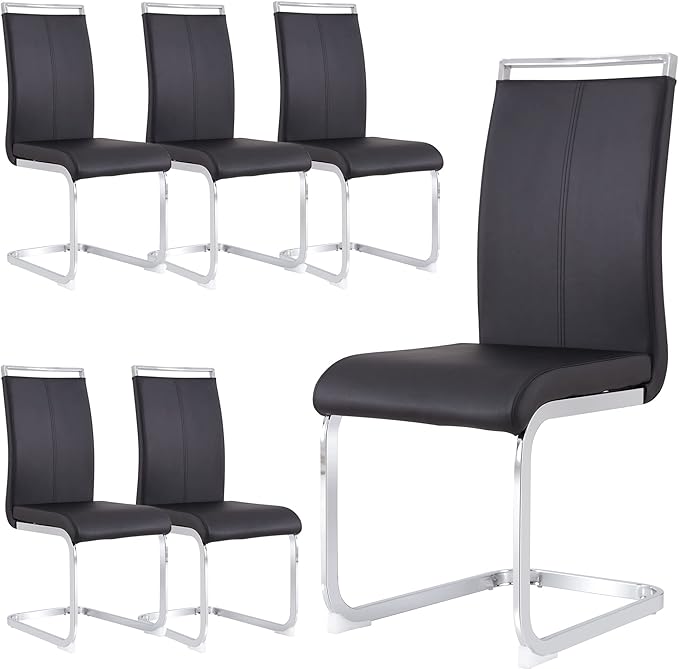 Dining Chairs Set, Kitchen Modern Metal Chairs with Faux Leather Padded Seat High Back and Sturdy Chrome Legs, Chairs for Dining Room (Black, Set of 6)