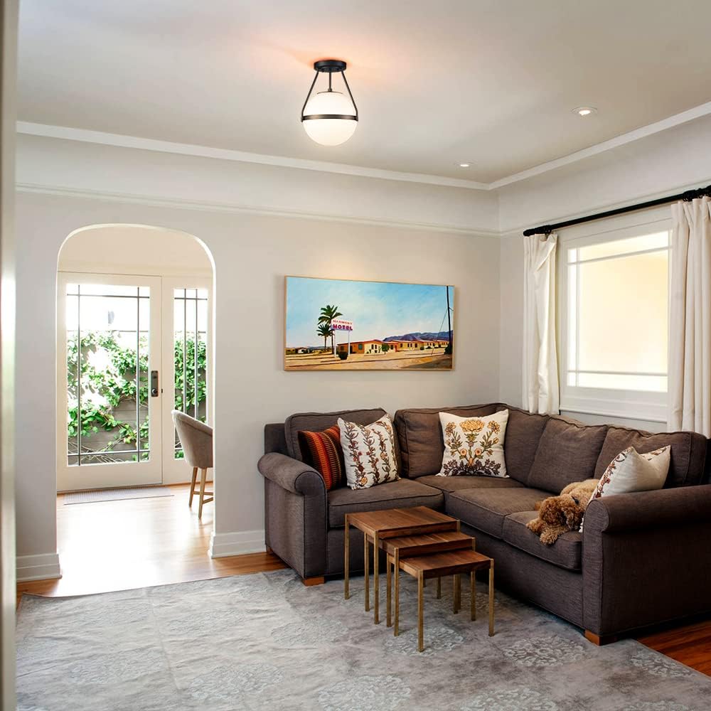 HOLKIRT Mid Century Semi Flush Mount Ceiling Light Black Globe Ceiling Light Modern Light Fixture with White Opal Glass Shade for Living Room Bedroom Hallway