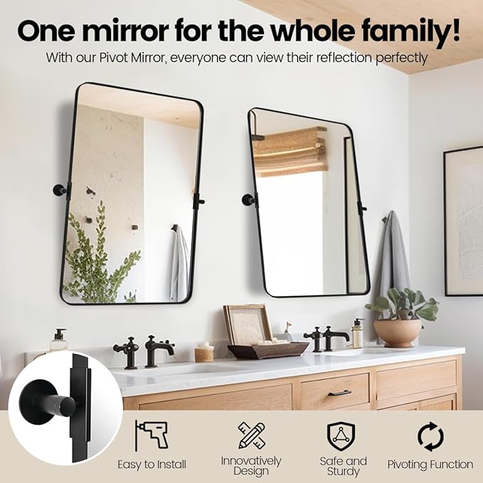MOON MIRROR 20" x 28" Black Metal Framed Pivot Rectangle Bathroom Mirror, Tilting Rounded Rectangular Vanity Mirror for Wall Mounted Hangs Vertical only