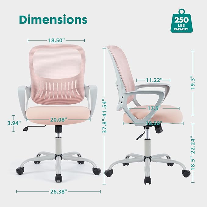 Office Chair, Computer Gaming Chair with Arms, Ergonomic Home Office Desk Chairs with Wheels, Mid-Back Task Rolling Chair with Lumbar Support, Comfy Mesh Swivel Executive Chair