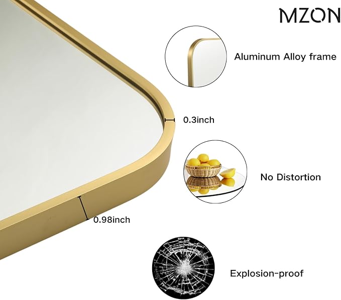 MZON 24x36 Inch Gold Bathroom Mirror – Brushed Gold Rectangular Vanity Mirror, Wall-Mounted, Anti-Rust Metal Frame, Tempered Glass, Vertical & Horizontal Hanging