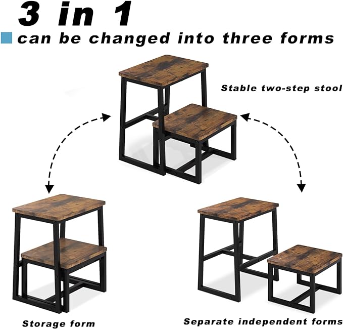 Step Stool for Adults,Holds up to 500Lb,3 in1 Heavy Duty Sturdy Two StepStools for Kichen/Bathroom/High beds, Wooden&Metal Frame, Non-Slip Pads