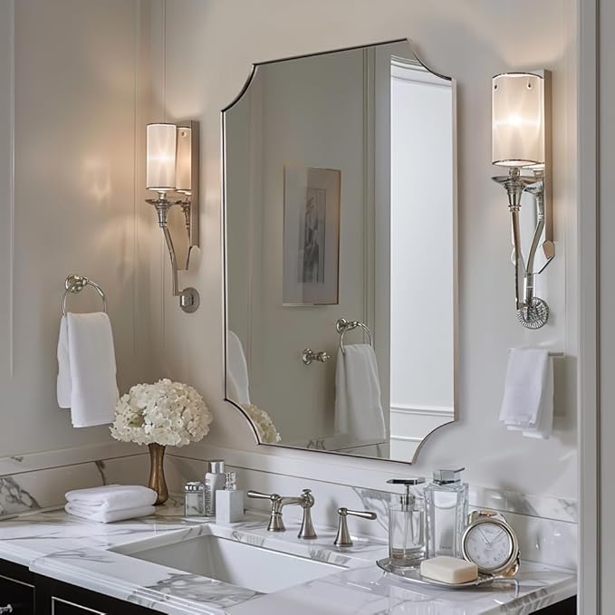 ANDY STAR Brushed Nickel Mirror 24x32 Inch, Scalloped Bathroom Mirror, Silver Rectangle Mirror in Anti-Rust Stainless Steel Metal Thin Frame Deep 1", Horizontal/Vertical