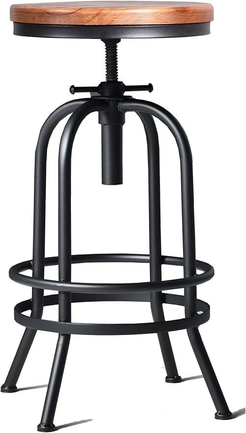 Diwhy Industrial Bar Stool-26-32 Inch Adjustable Swivel Metal Wood Seat Stool Bar Height Bar Stool with Footrest-for Kitchen, Dining Side Chair, Pub, Bistro, Set of 2, Black
