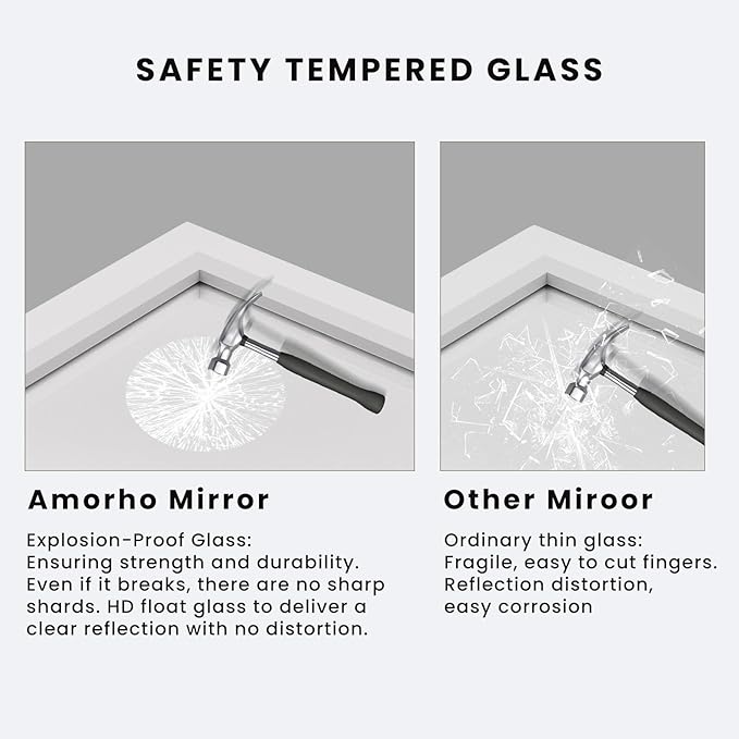 Amorho Bathroom Mirror, 50X30 Inch White Thick Metal Framed Wall Mirrors for Over 2 Sinks, Bedroom, Living Room, Entryway, Large Rectangle Wall-Mounted Mirrors.