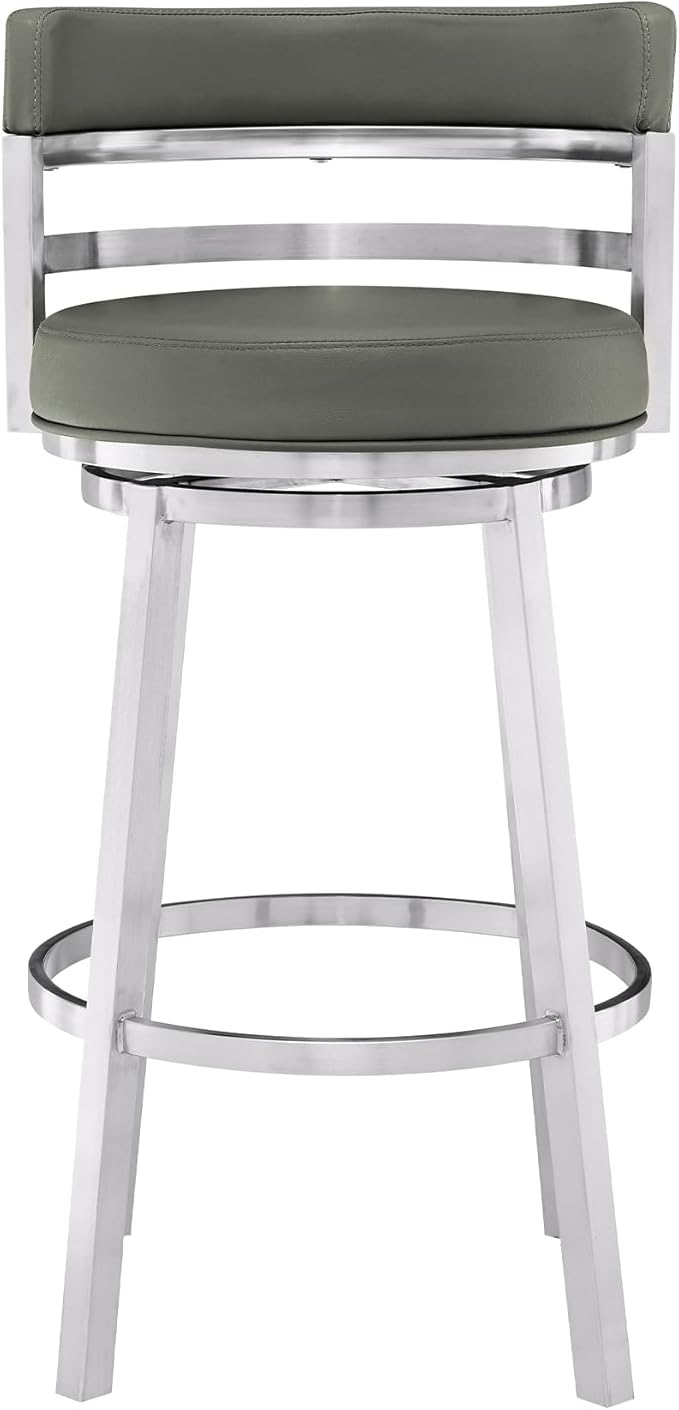 Armen Living Titana 26" Counter Height Swivel Grey Faux Leather and Brushed Stainless Steel Bar Stool