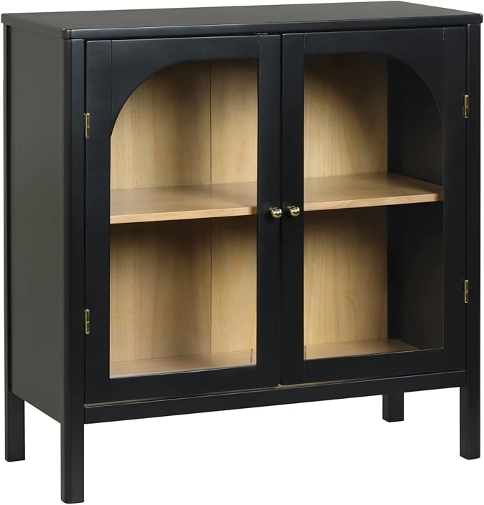 Nathan James Mason Storage Cabinet Accent Sideboard Buffet Credenza TV Stand with Glass Doors and Adjustable Shelf in Black Wood for Dining Room, Entryway and Living Room, Clear Glass/Black, Set of 4