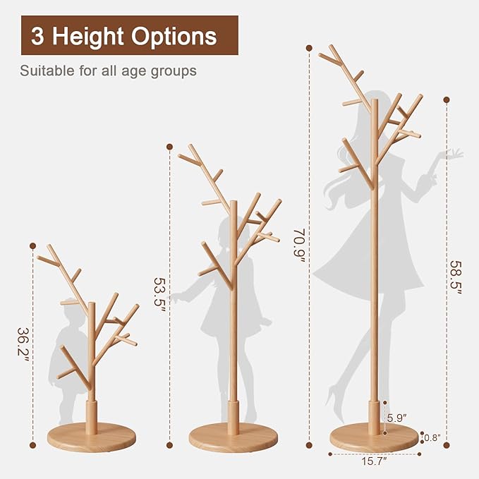 Coat Rack,Solid Wood Coat Rack Freestanding with 12 Hooks,Coat tree freestanding 3 Adjustable Heights for coat, Hats, Handbags，Coat Stand for Entryway,Bedroom (Natural)