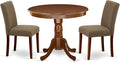 East West Furniture ANAB3-MAH-18 3 Piece Modern Dining Table Set Contains a Round Kitchen Table with Pedestal and 2 Coffee Linen Fabric Parson Dining Chairs, 36x36 Inch, Mahogany