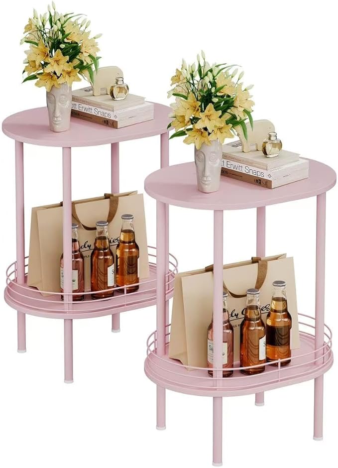 Small Round Side Table Set of 2,Bedside Table with Storage, Morden Round Nightstand, Samll Side Table for Living Room，Bathroom，Bedroom, Nursery, Laundry, Pink