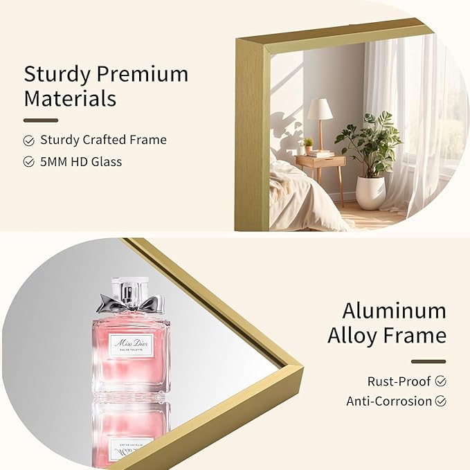 Brushed Gold Mirror, 30x36 Inch Aluminum Framed Rectangle Mirror, Anti-Rust, Tempered Glass, Square Corner Wall Mirror for Over Sink, Vanity, Bedroom, Entryway, Horizontal/Vertical