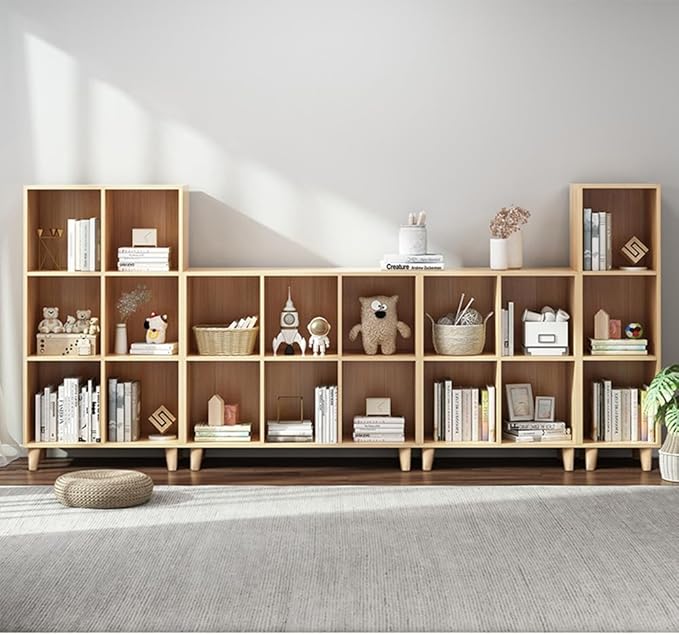 IOTXY Open Cube Low Bookcase - 3-Tier Freestanding Storage Display Cabinet Organizer with Legs for Home Office, 9-Cubes Open Shelf Short Bookshelf, Oak