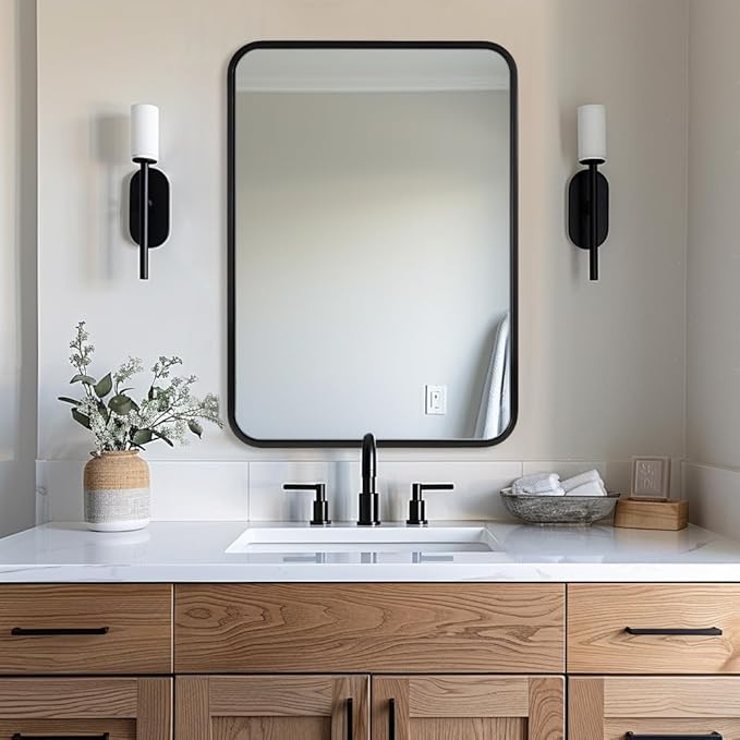 ANDY STAR Matte Black Mirror for Bathroom, 20x28 Inch Rounded Rectangle Mirror, Modern Vanity Mirror Tube Metal Frame HD Reflection Wall-Mounted Mirrors Vertically or Horizontally