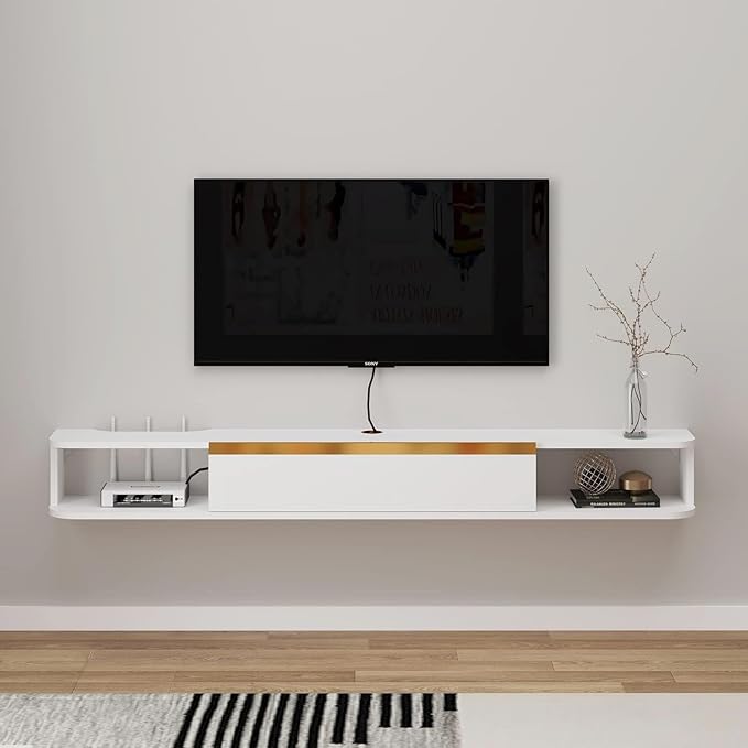 Floating TV Stand, 55'' Wall Mounted Entertainment Center TV Media Console, Floating Shelves with Door, Floating TV Cabinet Large Storage TV Bench for Living Room (White, 55.11IN)