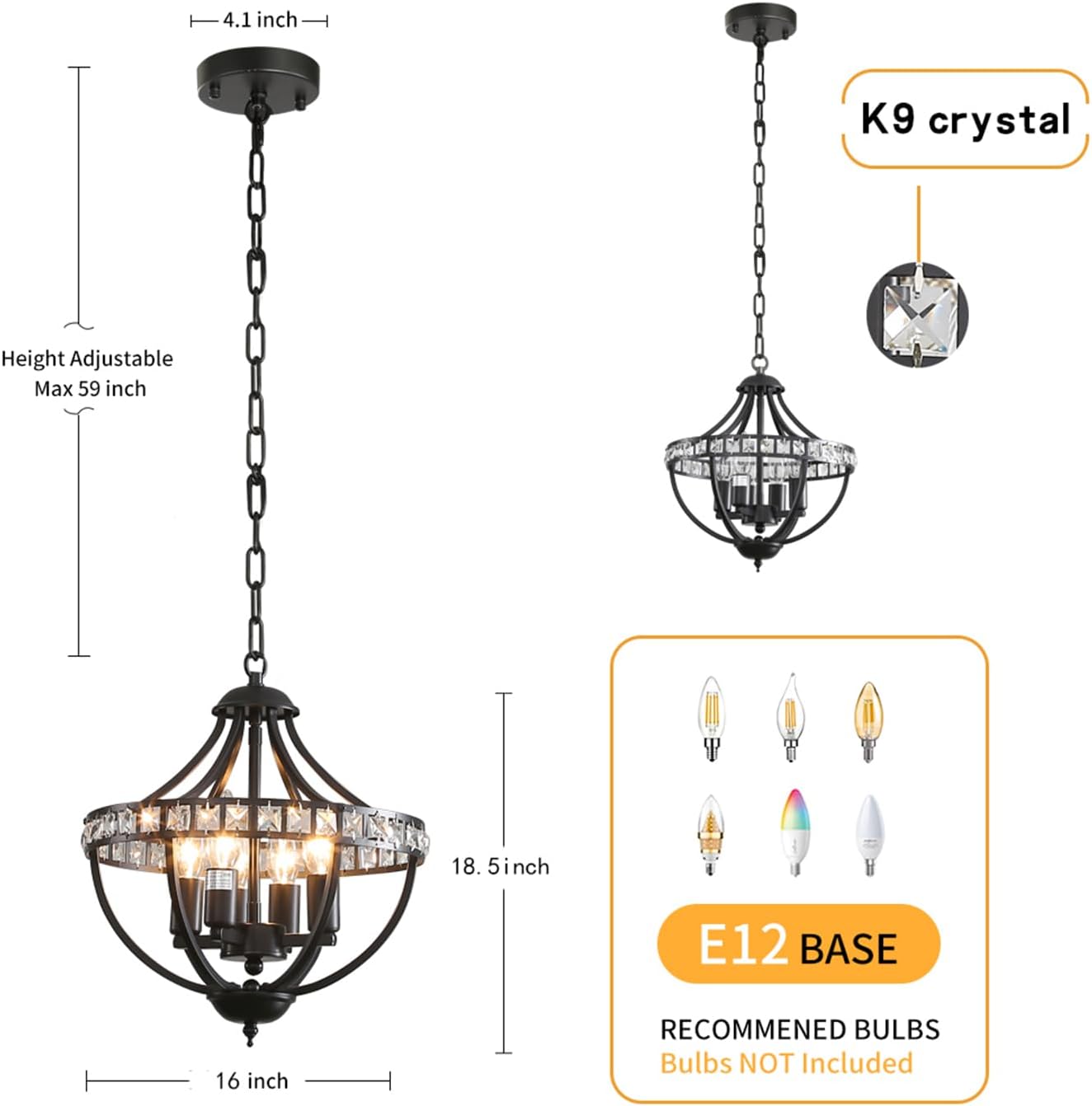 Farmhouse Crystal Ceiling Hanging Chandelier,16inch Black Rustic Vintage Pendant Light Fixture for Living Room Bedroom Dining Room Dining Foyer Kitchen Entry （5-Light）
