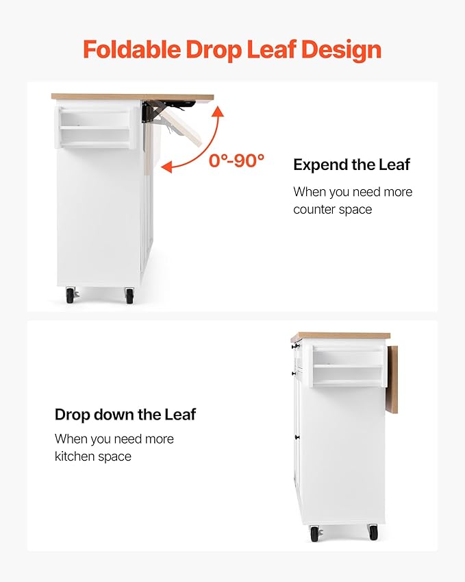 VEVOR Kitchen Island Cart with Storage, 60in Wide Mobile Kitchen Cart with Wheels, Drop Leaf, 2 Drawers, Trash Can Cabinet, Knife Holder, Spice Rack, and Towel Rack, Table for Dining Room, Pantry