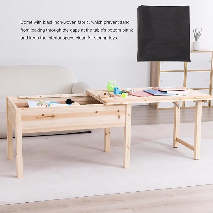 BIRASIL Wooden Kids Table with Storage, Sensory Tables with Folding Lid for Children, Elevated Activity Play Table for Indoor Outdoor, Natural Wood
