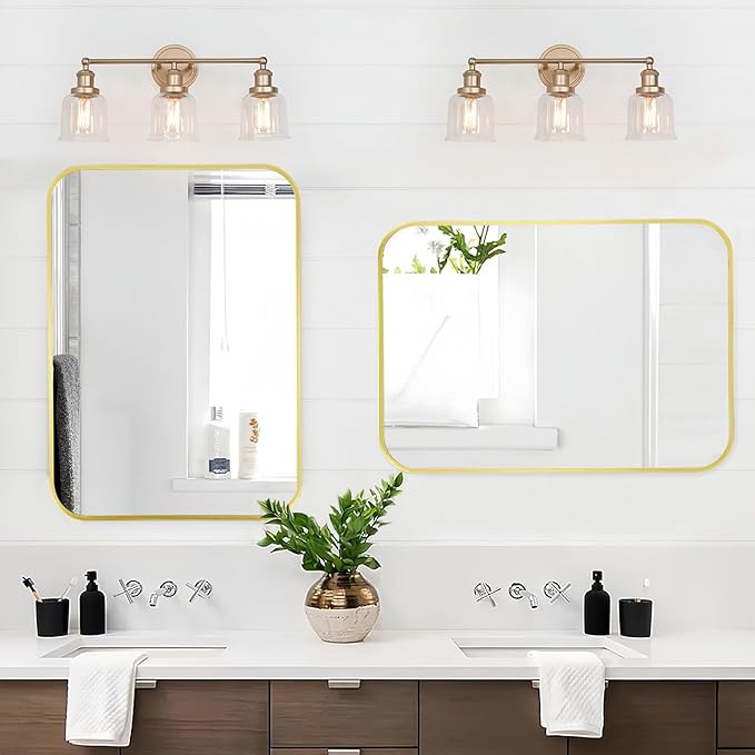 Matte Gold Mirror, 24x36 Inch Brushed Gold Mirror, Aluminum Alloy Framed Vanity Mirror, Rounded Rectangle Bathroom Mirror for Over Sink, Anti-Rust Wall Mirror (Horizontally or Vertically)