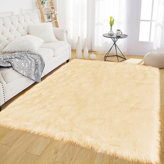 Latepis Yellow Rugs for Living Room Faux Sheepskin 5x6.7 Fuzzy Rugs Washable by Latepis