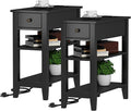 ChooChoo Black End Table Set of 2, Sofa Side Table Living Room with Charging Station,Narrow Night Stand with USB Ports & Power Outlets and Hidden Drawer